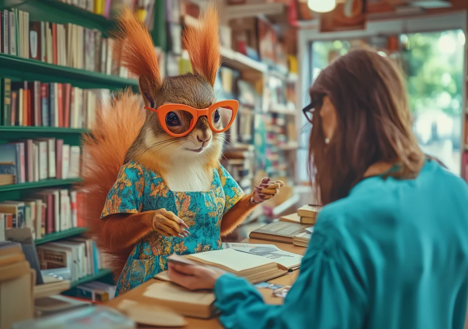 Eichhörnchen-Buchhändlerin bedient Kundin in Buchladen